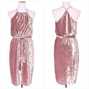 Ever New Crushed Velvet Halter Top Belted Cocktail Dress Blush Pink Beige